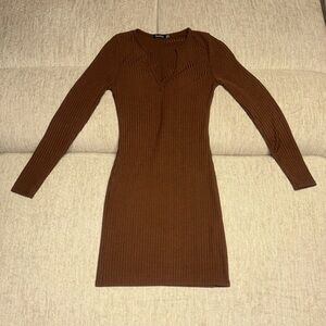 Long Sleeve Ribbed Brown V Neck Mini Dress